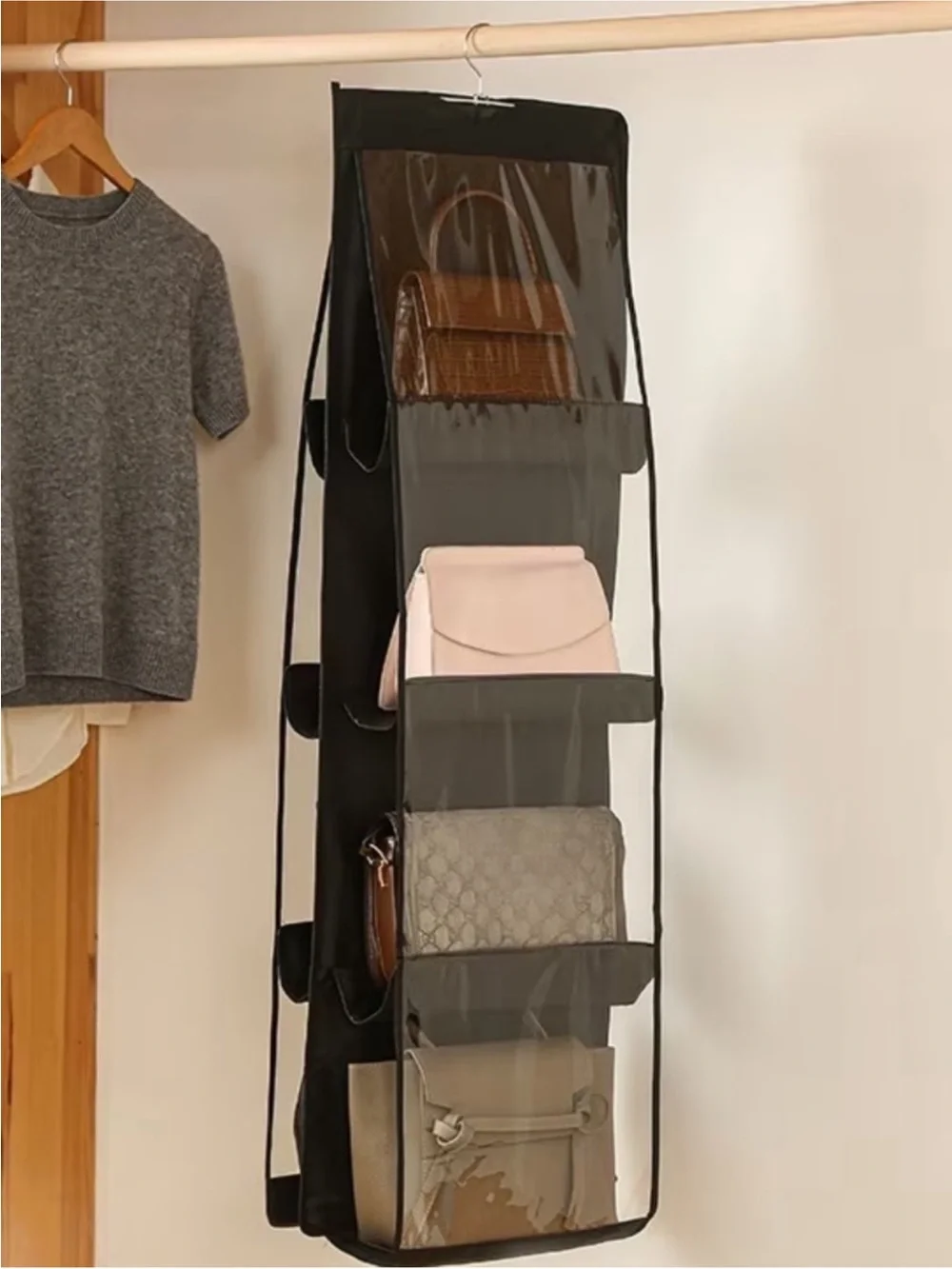 Black Hanging Purse Organizer for Closet - Multi-Tier Handbag Storage - Picture 2 of 6